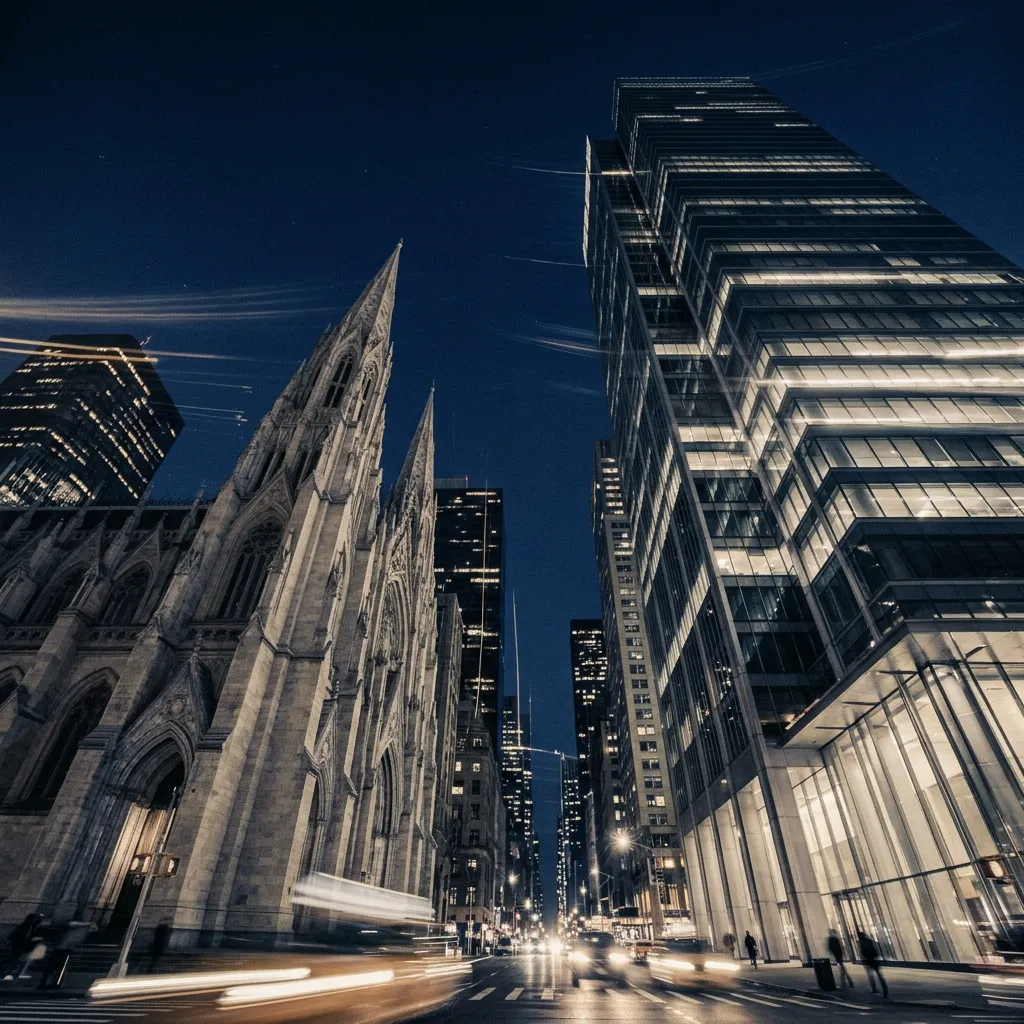Abstract architectural long exposure at night representing strategic advantage