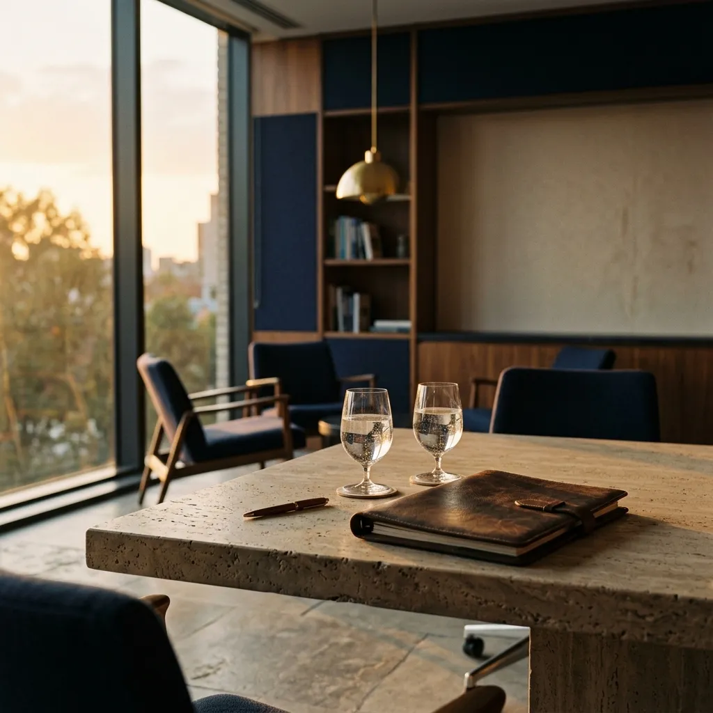 An empty meeting room at golden hour with leather folio and glasses of water