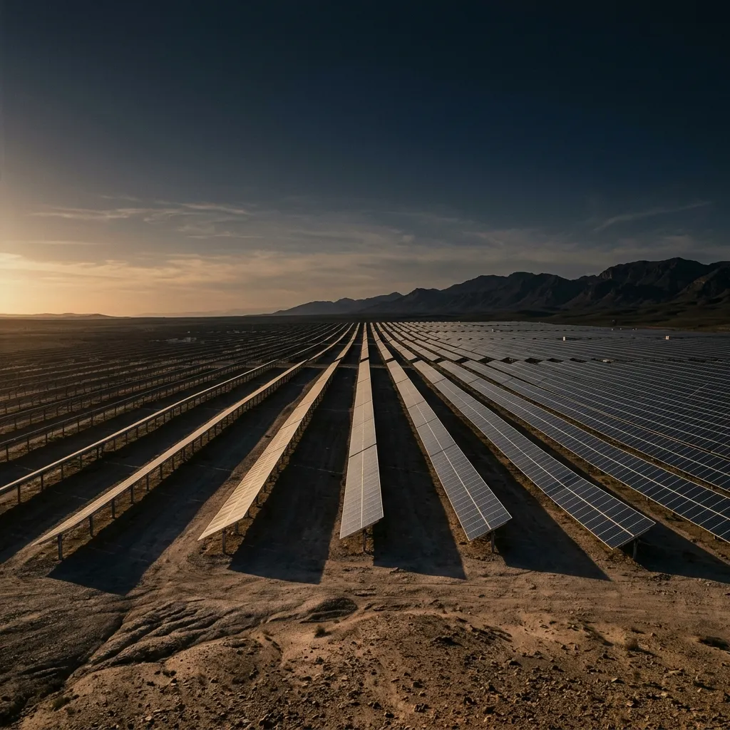 Photovoltaic solar panels across North African plain representing Rona Holdings energy asset backings