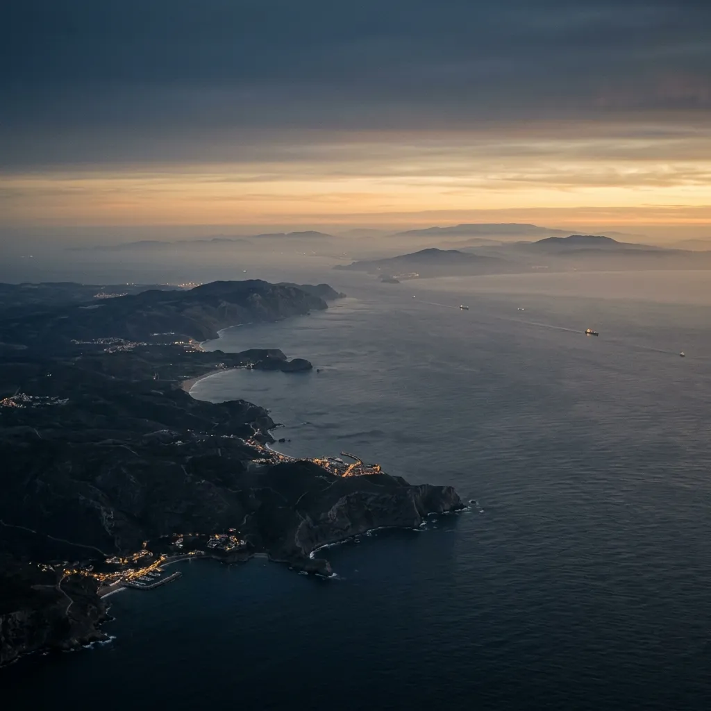 Aerial of intercontinental coastline dusk representing Rona Holdings global advisory connections